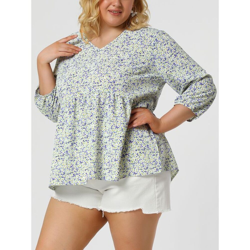 V Neck Women Plus Size 3/4 Sleeve Floral Shirt Blouses Lavender - Picture 2 of 6